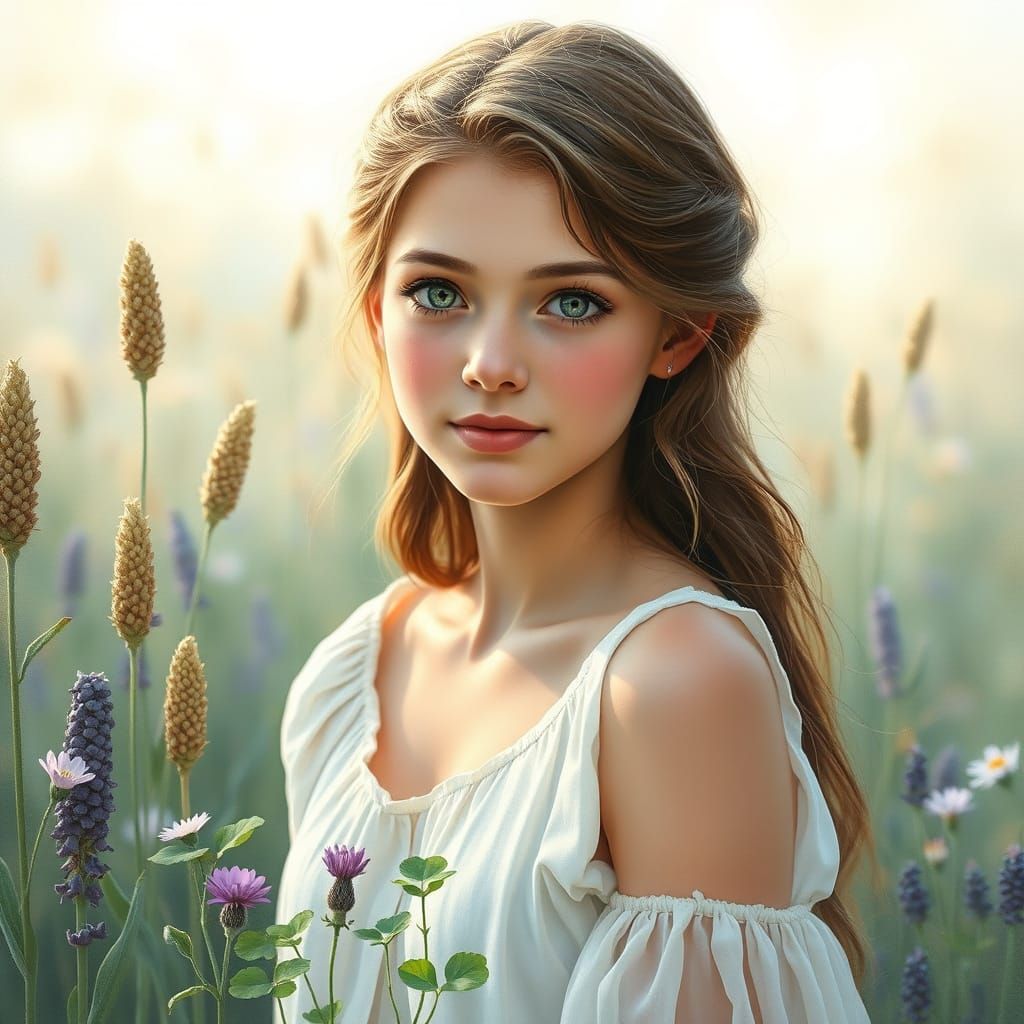 Dreamy Woman with Wildflowers in Matte Painting Style