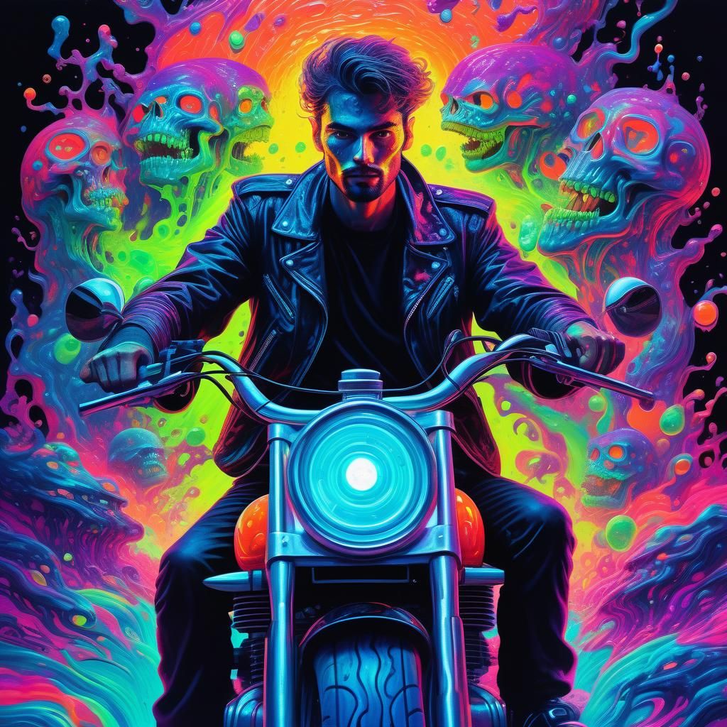 Psychedelic Portrait of Man on Motorcycle with Slime