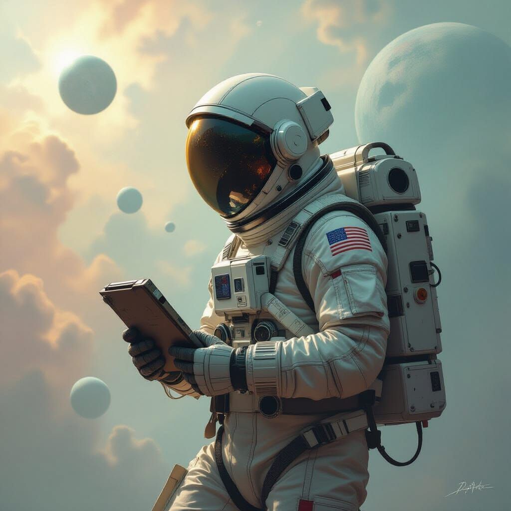 Astronaut Adrift in Nebula with Data Pad