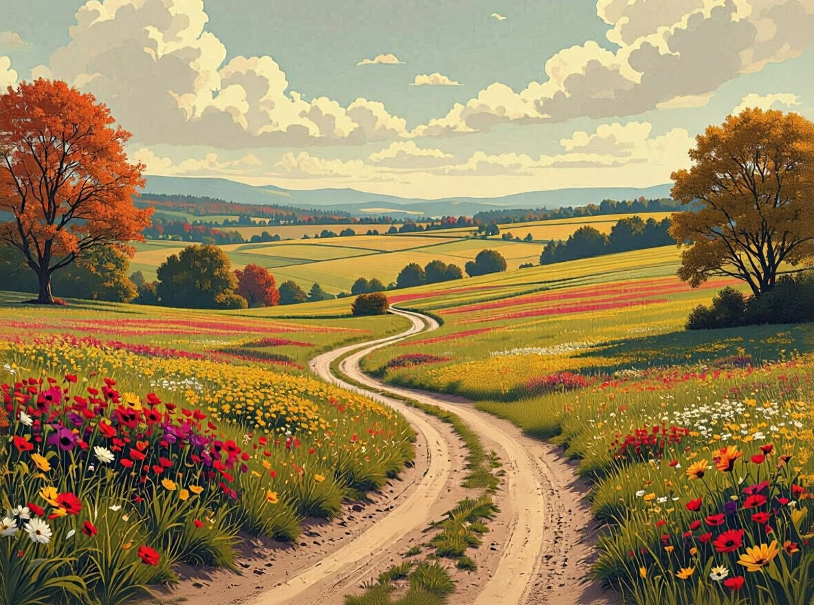 Four Seasons Landscape with Walking Couple