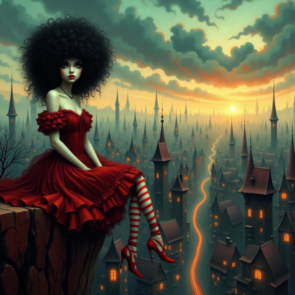 Gothic Woman on Cliff at Sunset in Dark Fantasy Style