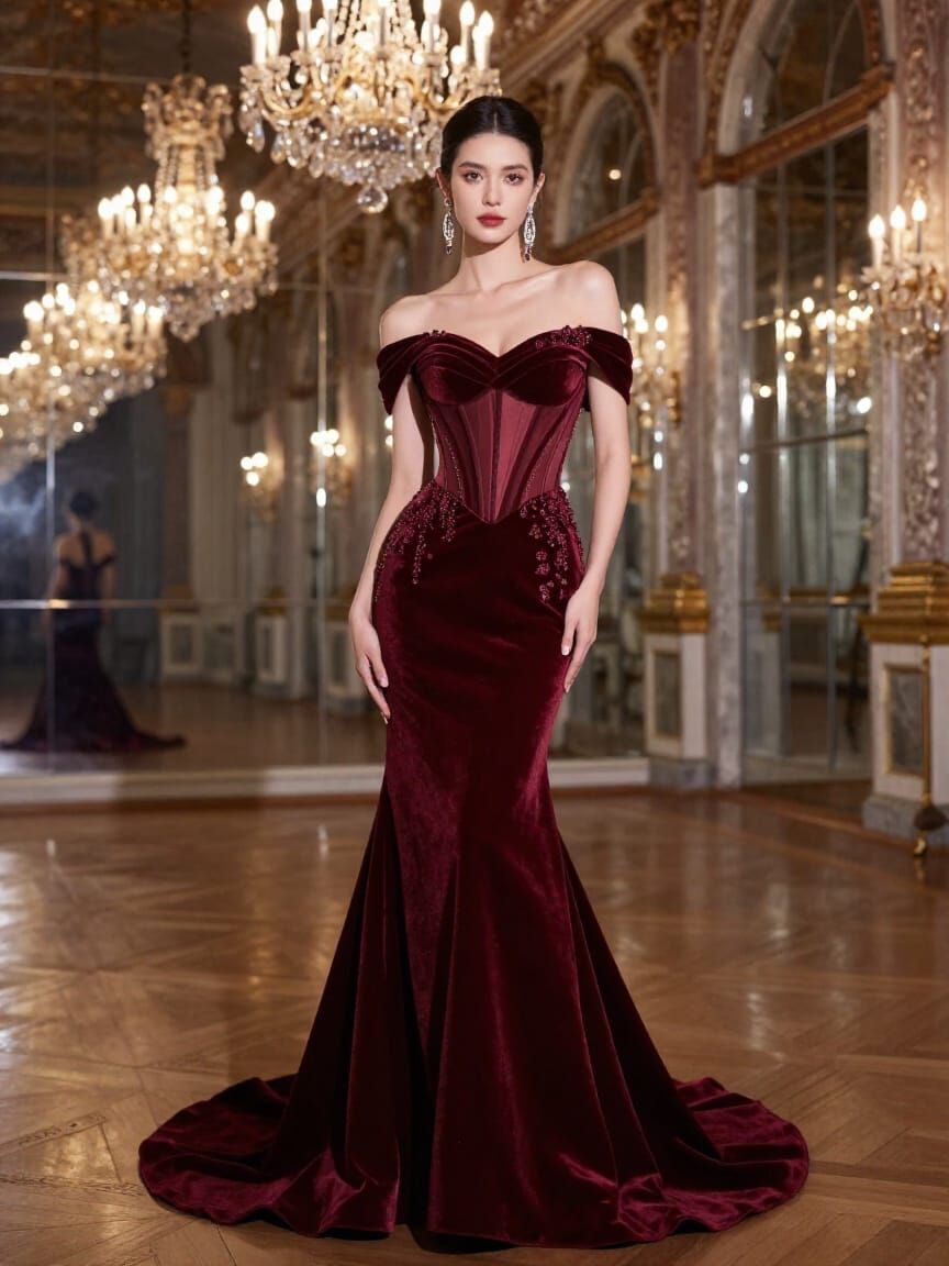 Elegant Woman in Burgundy Haute Couture Gown