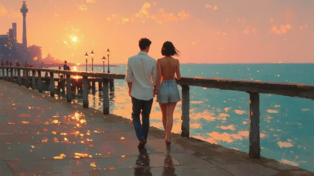 Couple's Summer Sunset Stroll on Boardwalk, Pastel Art Style