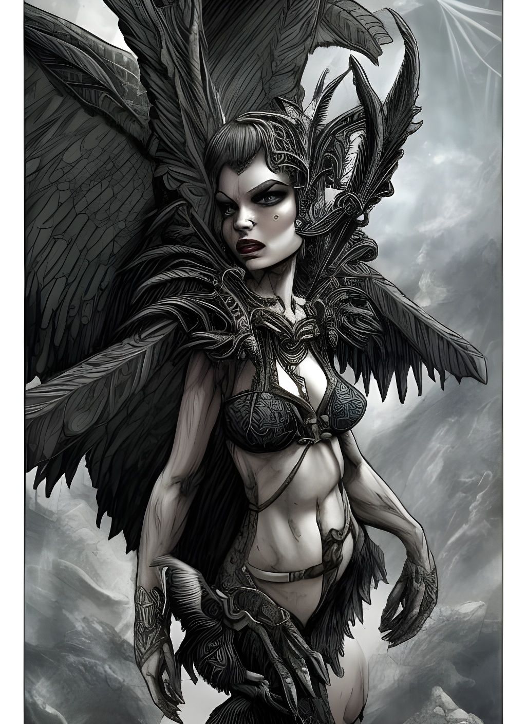 Scary Fae Woman with Harpy Wings in Comic Style