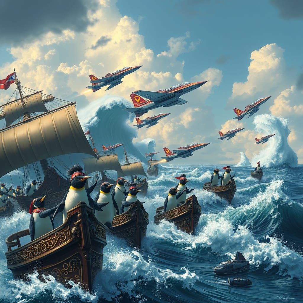 Penguin Navy Battles Crabs in a Fantastical Sea
