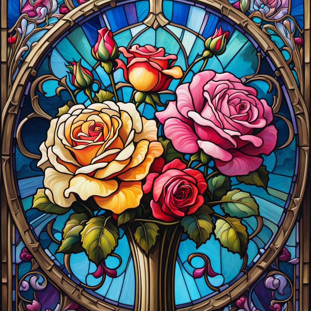 Roses in Stained Glass Art Nouveau Style