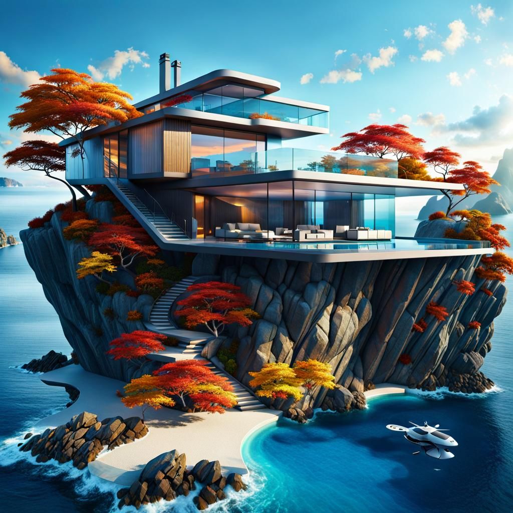 Futuristic Townhouse at Rocky Coast: Matte Painting