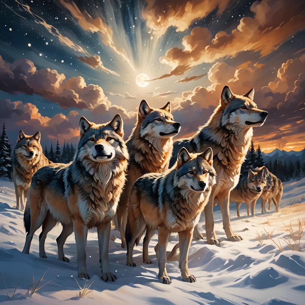 Ethereal Wolves in Soft Focus under Celestial Chiaroscuro