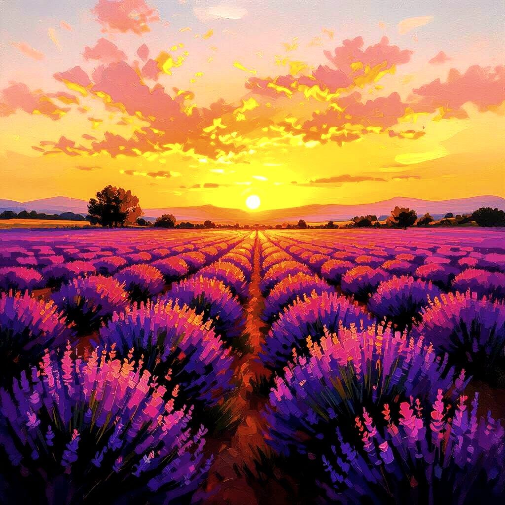Vast Lavender Field at Sunset in Expressive Oil Style