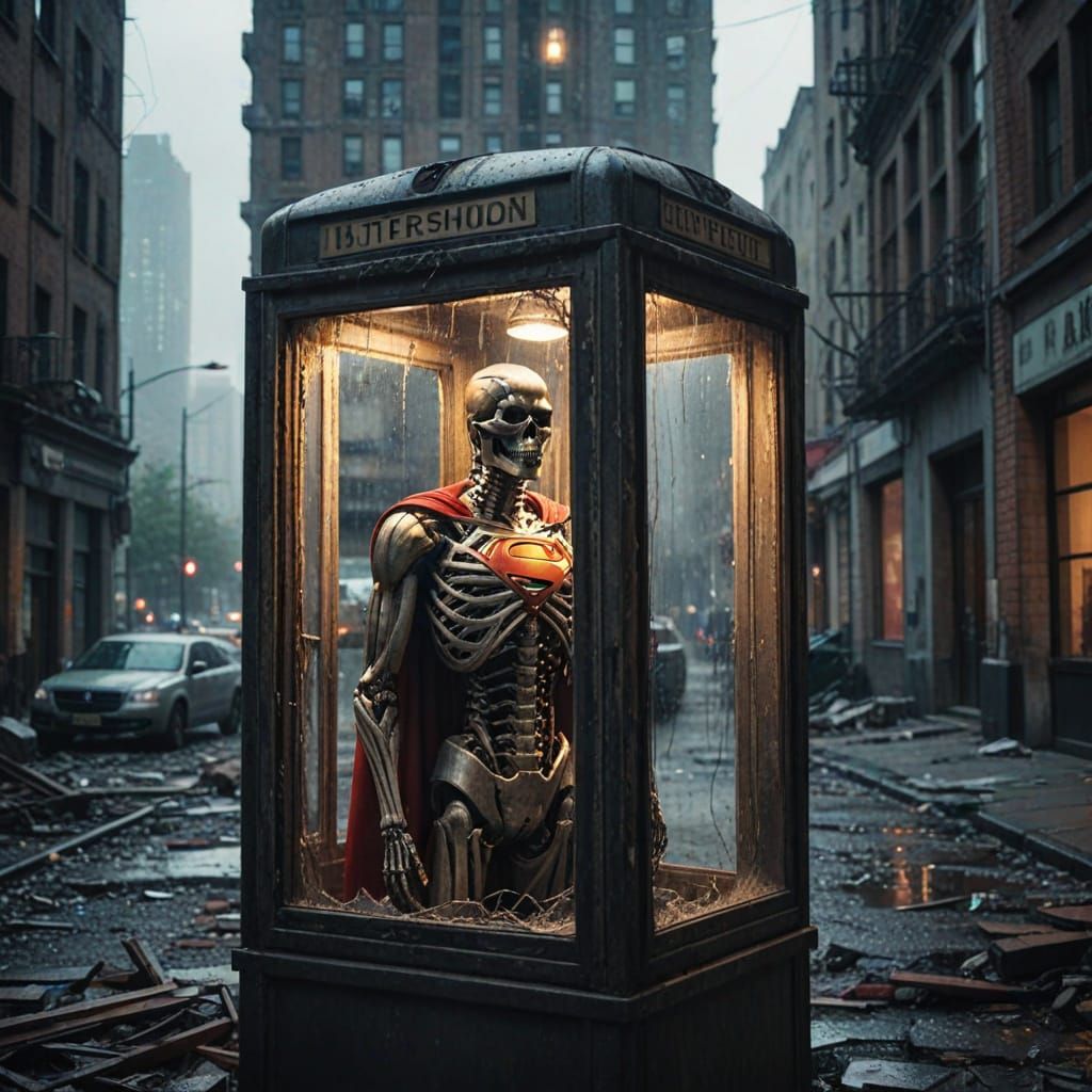 Epic Cinematic Still of Skeleton in Tattered Superman Costum...