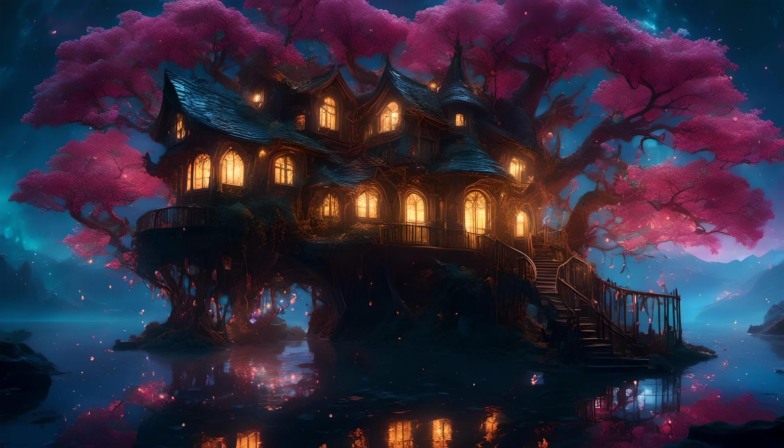 Bioluminescent Treehouse Mansion in Dramatic Evening Light