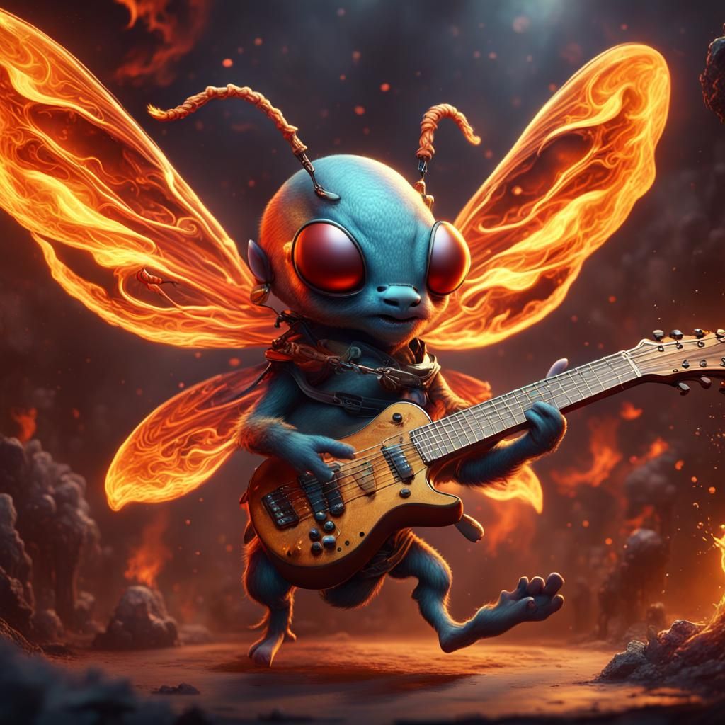 Insect Baby Plays Flaming Guitar: Fantasy Art