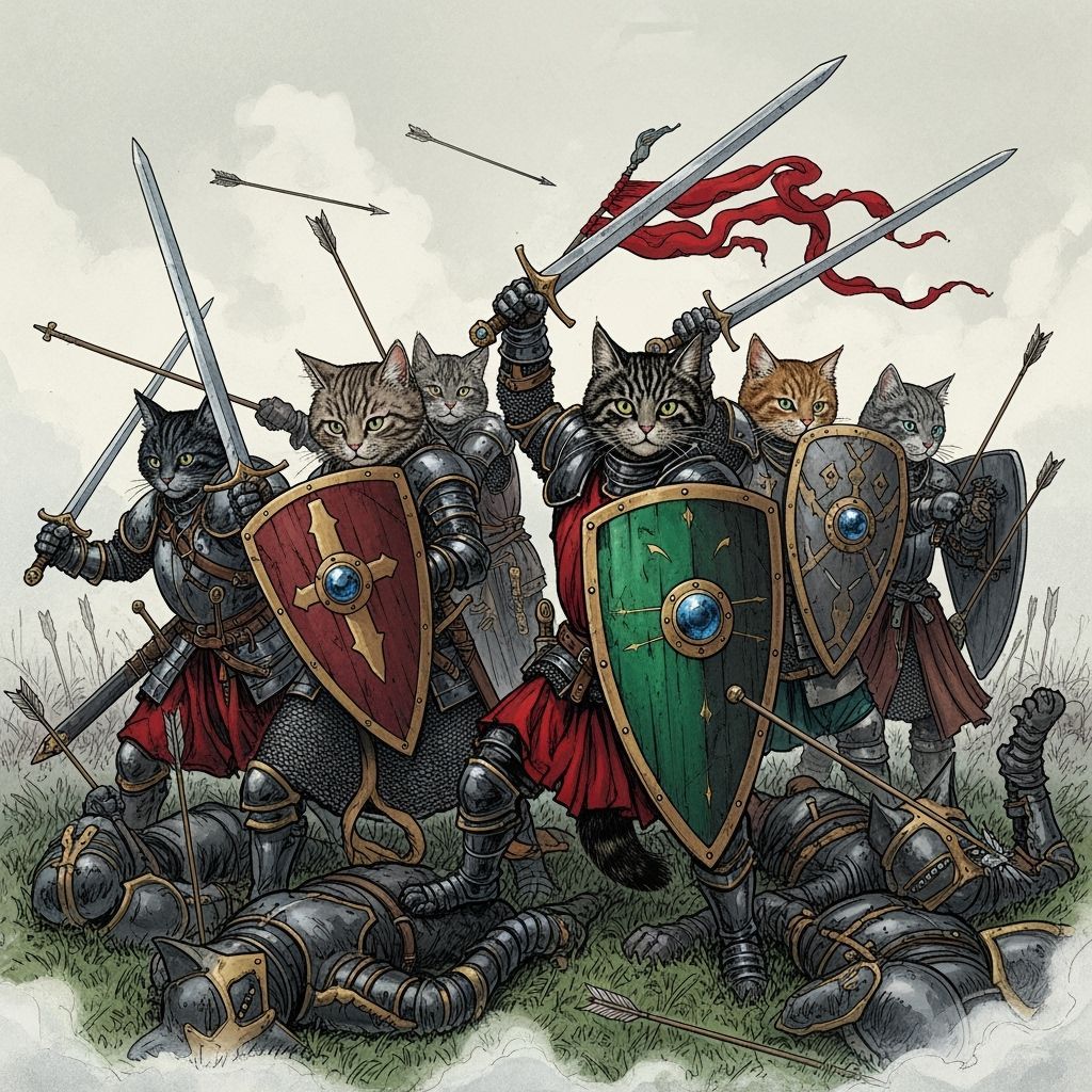 Cats as Medieval Knights in Dark Fantasy Battle