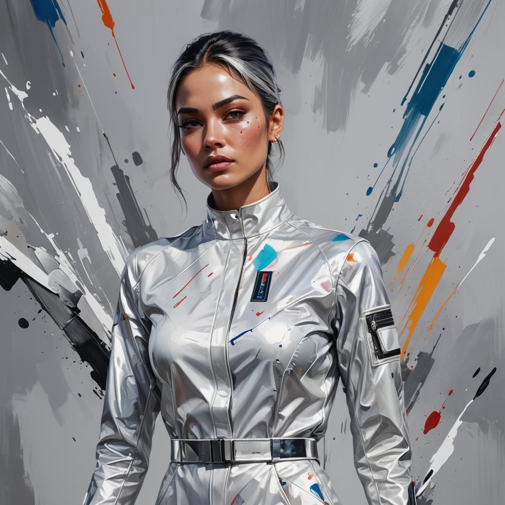 Confident Woman in Jumpsuit: Splash Art Digital Painting
