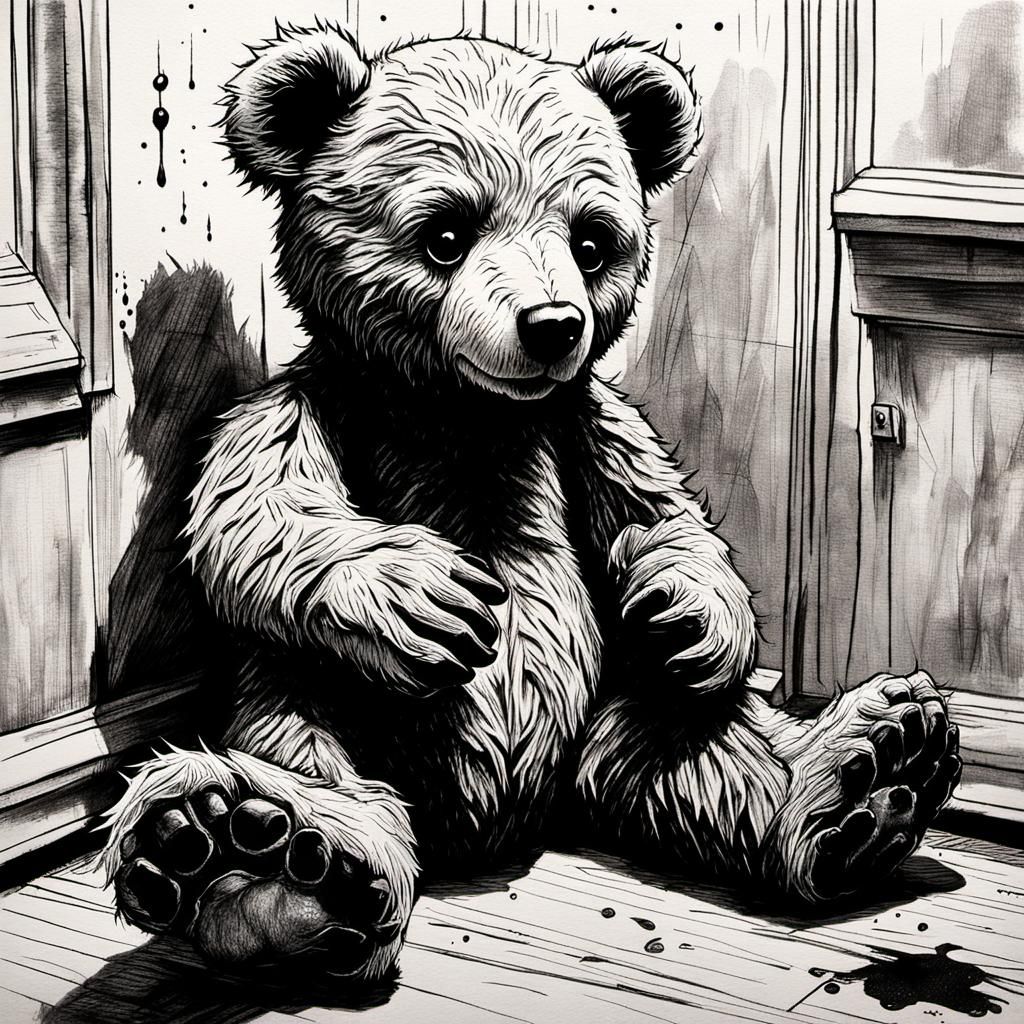 Macabre Charcoal Drawing of a Severed Paw Teddy Bear in Film...
