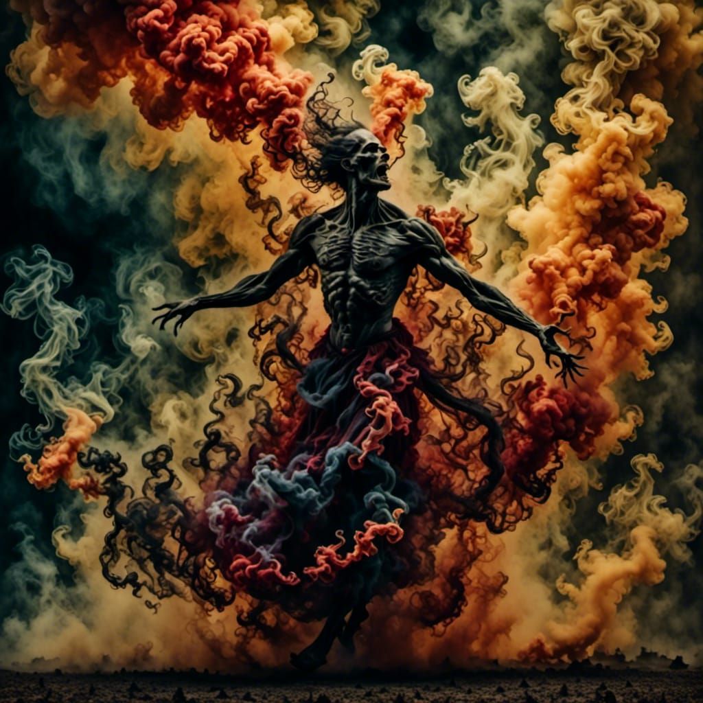 Red Smoke Demon Dancing in Burning Forest