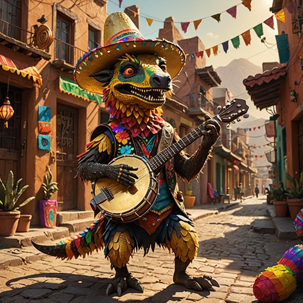 Chupacabra Plays Banjo in Mexican Town: Hyperrealistic Art