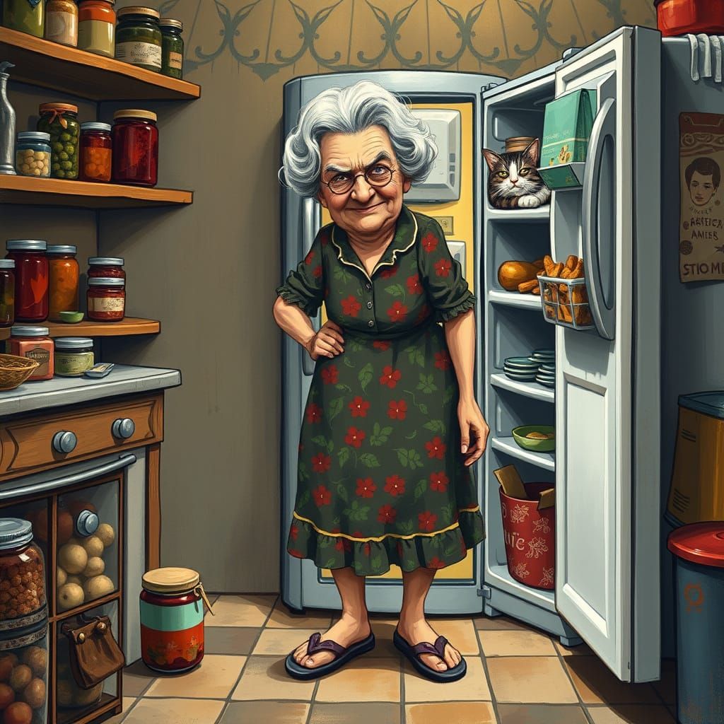 Feisty Grandma Discovers Cat in the Fridge, a Whimsical Kitc...