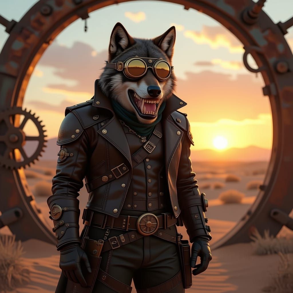 Steampunk Werewolf in Desert Sunset, Detailed Art