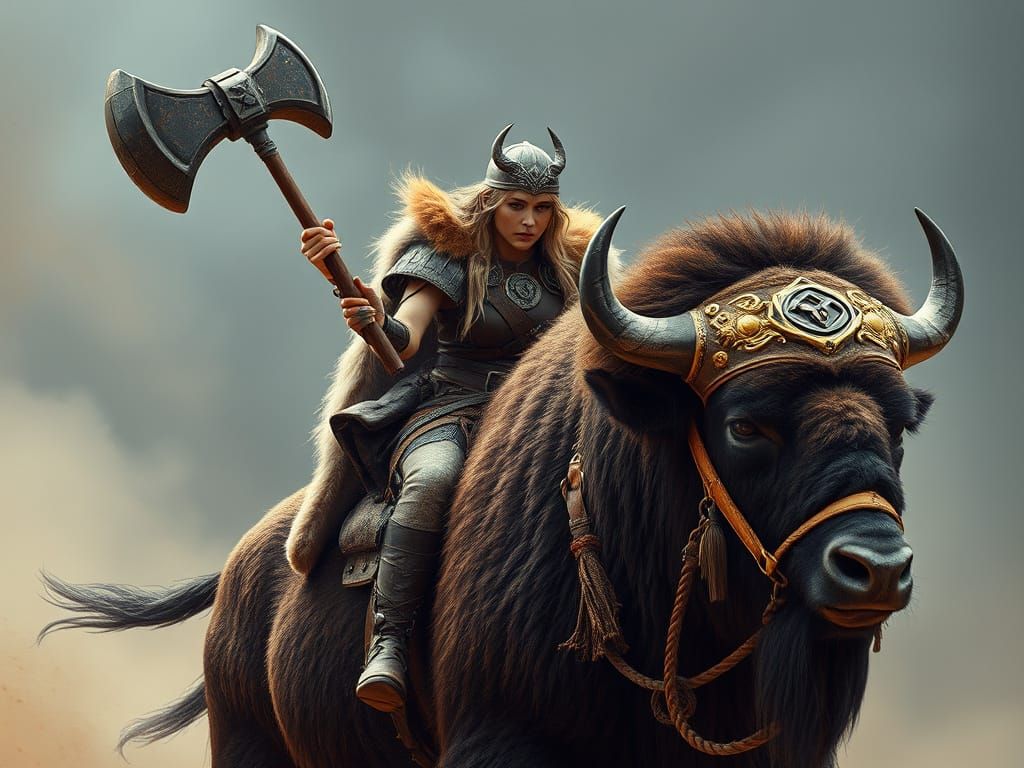 Cyberpunk Viking Warrior Woman Riding Bison