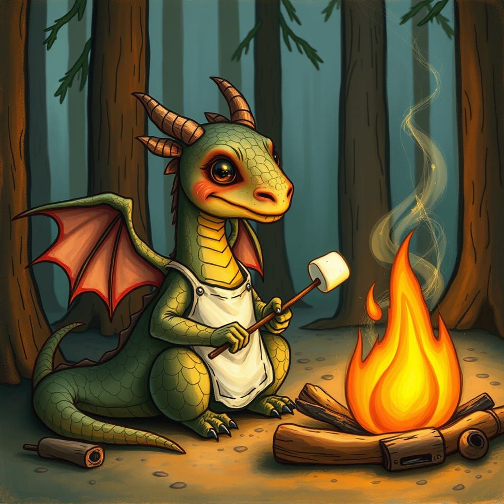 Dragon Roasts Marshmallows by a Golden Campfire