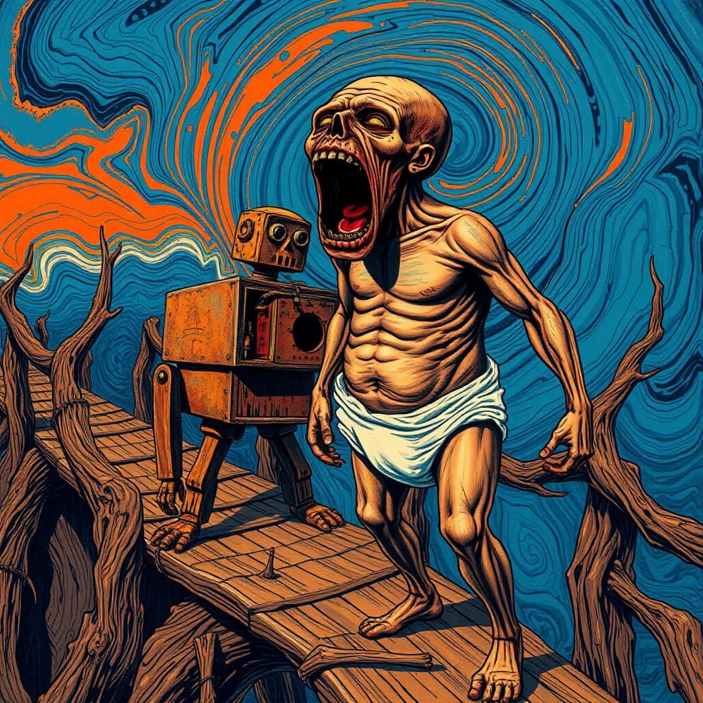 An intensely emotive anthropomorphic screaming  super hero wearing a diaper, reminiscent of Edvard Munch's iconic The Sc...