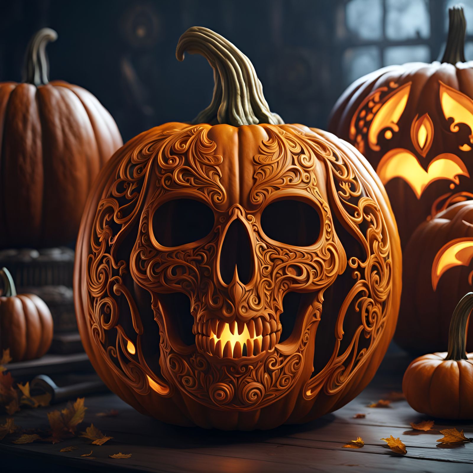 Intricate Pumpkin Carving of a Human Face