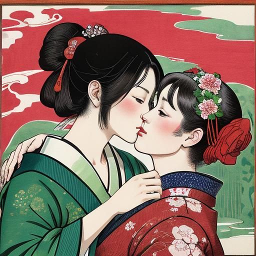 The Kiss: Ukiyo-e Woodblock Print in Gouache Style