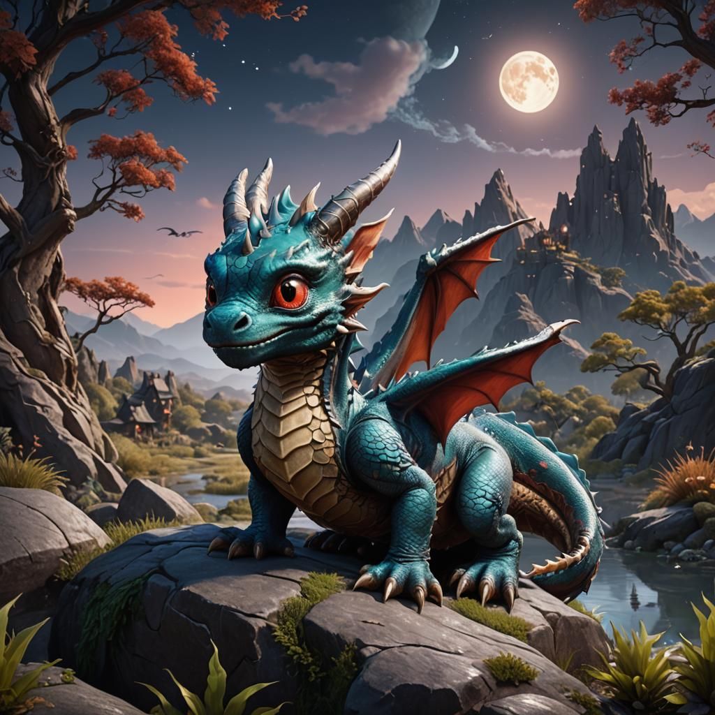 Fantasy Baby Dragon Under Full Moon, Digital Art