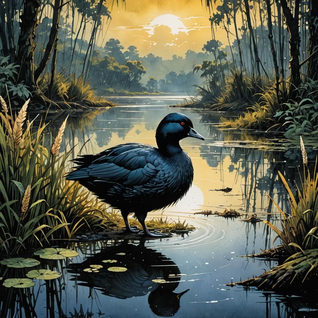 Coot on Lake Edge in Watercolor Comic Style