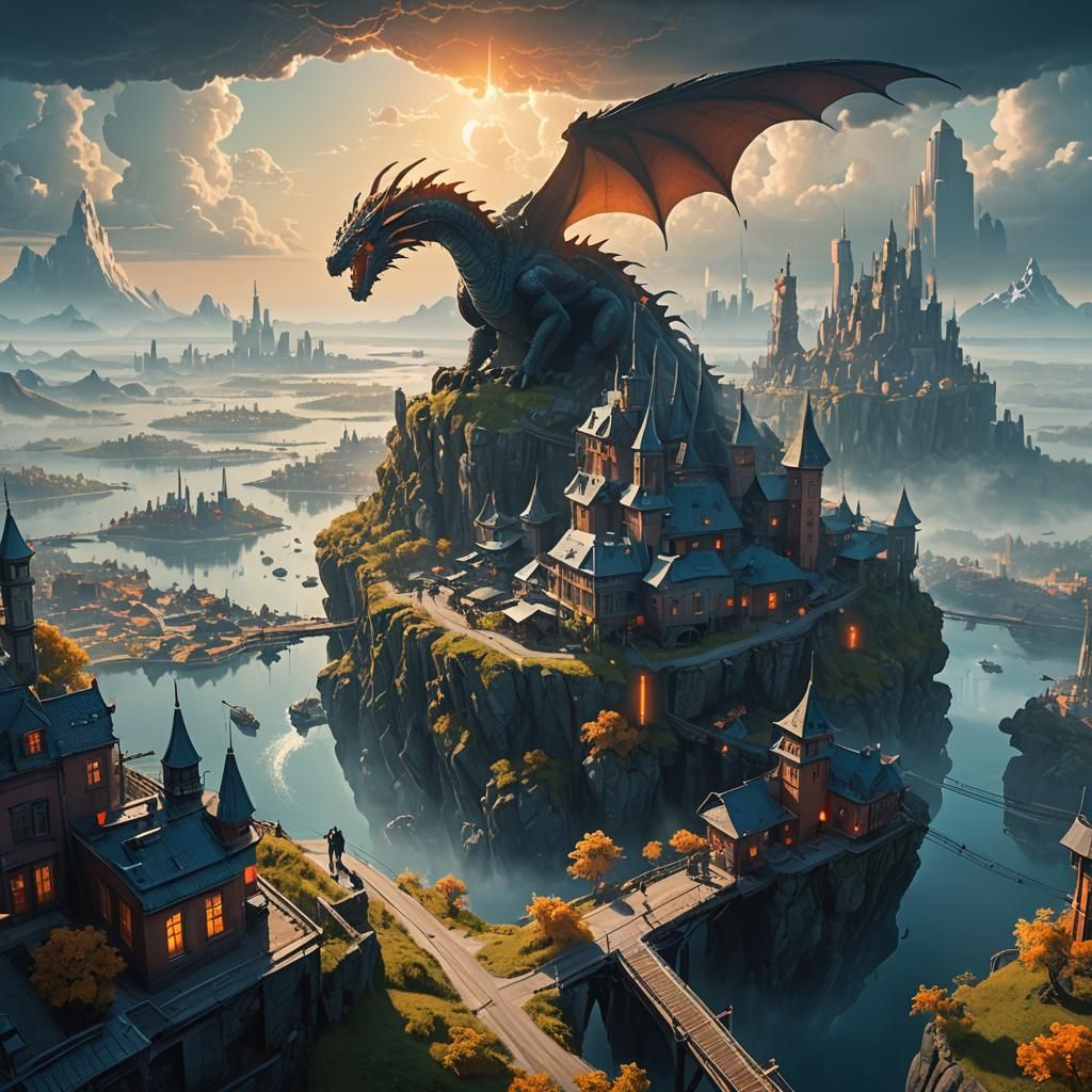 Fantasy City on Floating Islands with Dragon: Matte Painting
