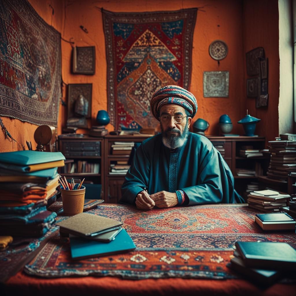 Cheerful Academic in Futuristic Film Still