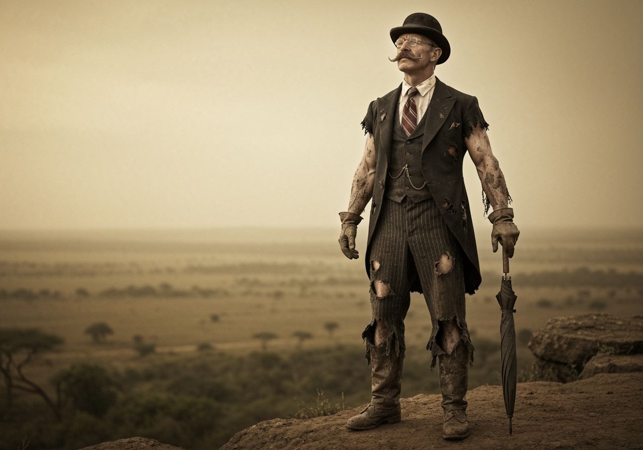 Edwardian Gentleman Contemplates African Savanna in Sepia