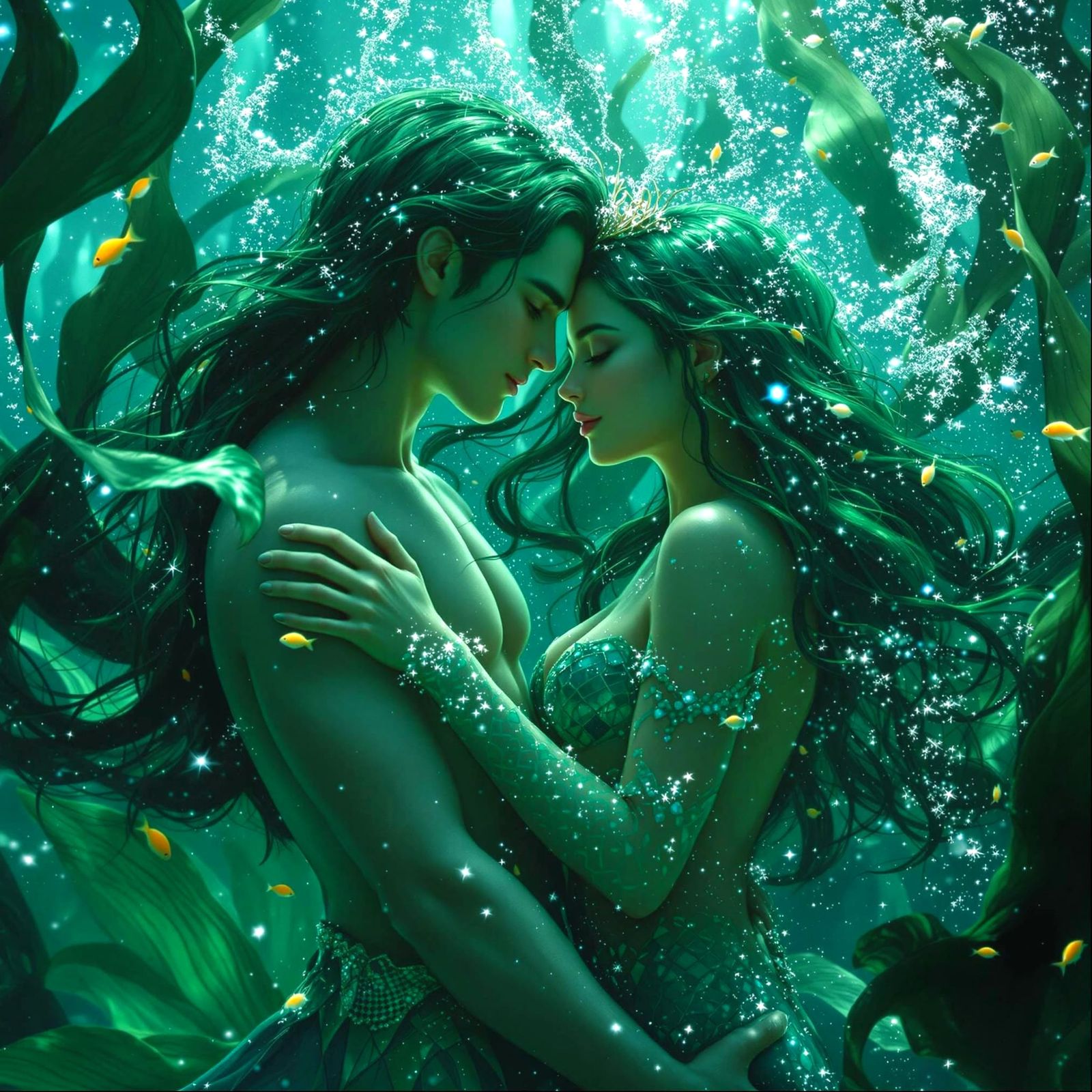Ethereal Merfolk Embrace in Kelp Forest