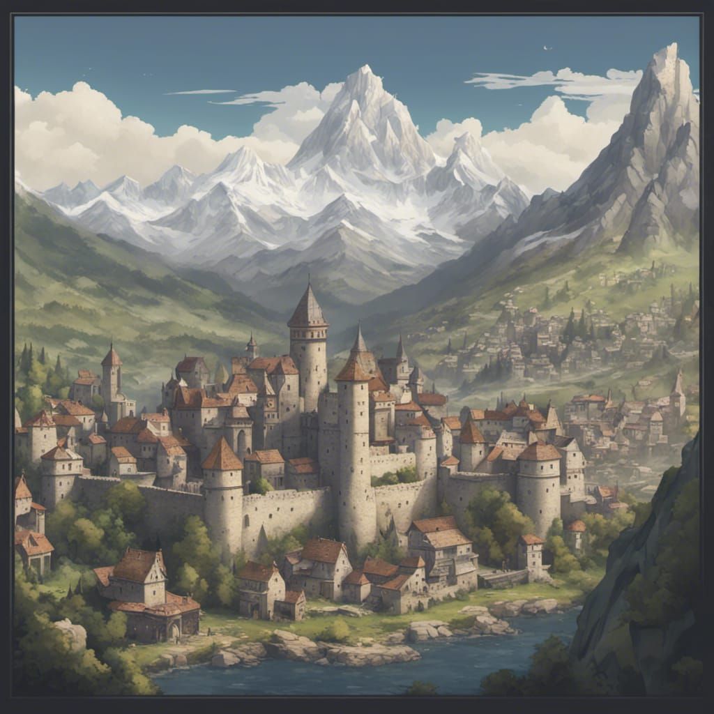 Medieval Cityscape with Mountain Backdrop