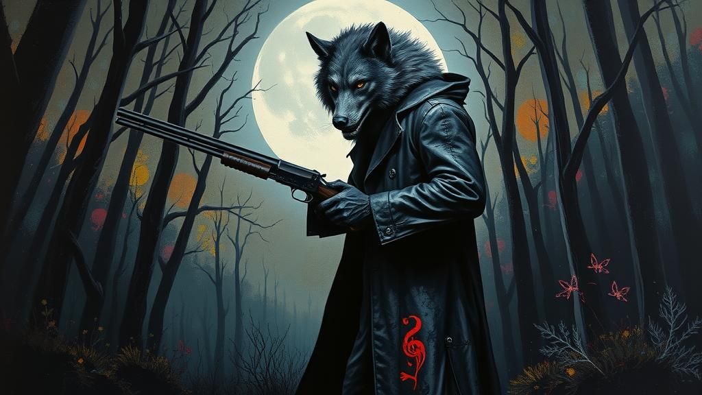 Werewolf with Shotgun in Surreal Moonlit Forest