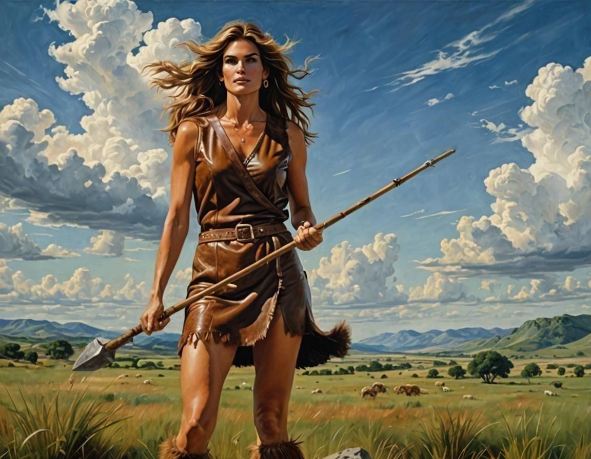 Stone Spearhead on Prehistoric Plain, Frazetta Style