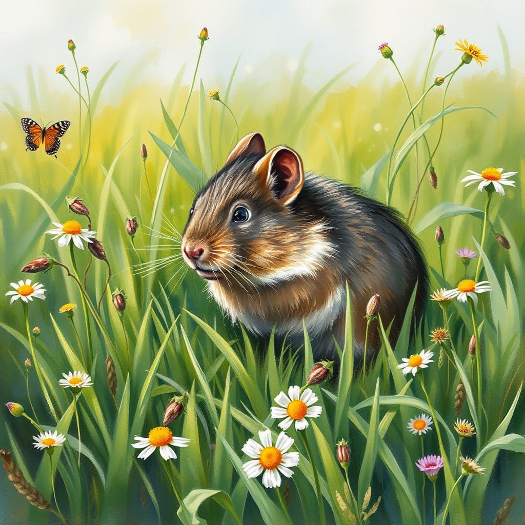 Vibrant Impressionist Masterpiece of a Meadow Vole in a Lush...