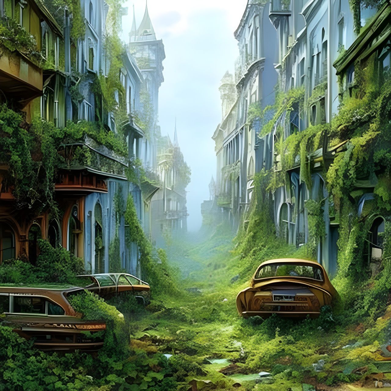 Post-Apocalyptic City Street Reclaimed by Nature