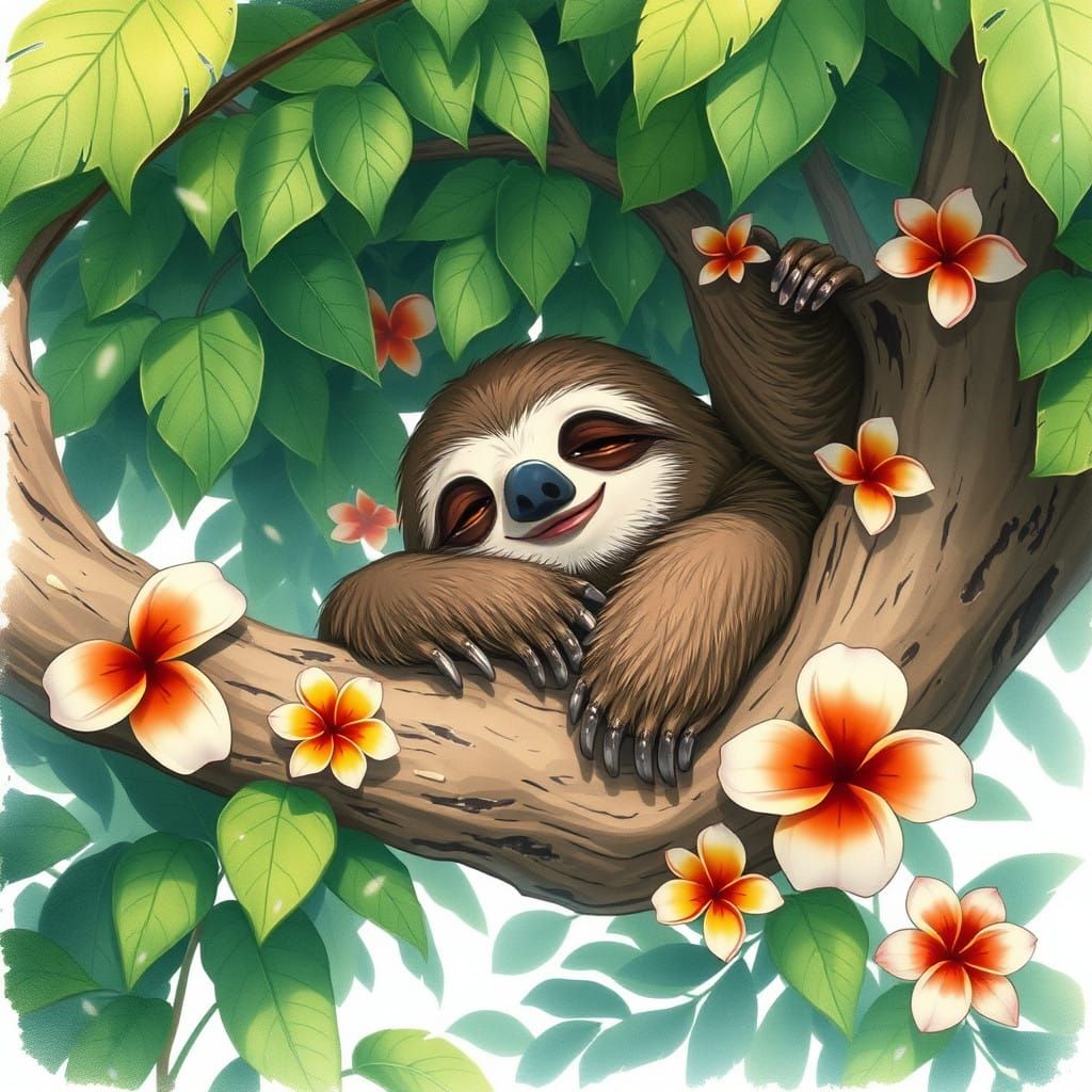 Sloth in Serene Tropical Haven, in Realistic Anime Art