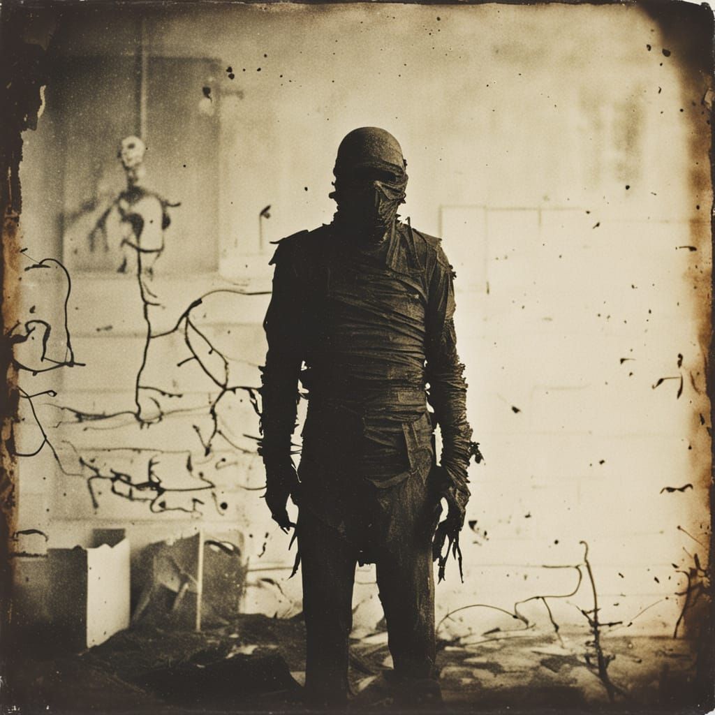 Mummified Humanoid Silhouette in Dystopian Hospital