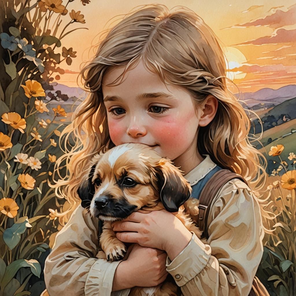 a girl hugging her puppy