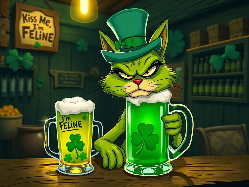 Whimsical Grinchy Cat on St. Patrick's Day