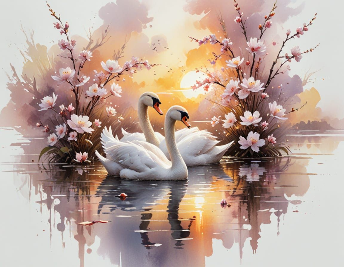 Two Swans Glide on Blossom Lake at Sunset