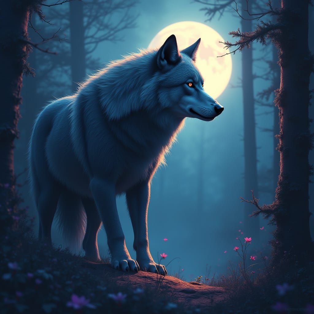 Mystical Wolf Under Vibrant Full Moon in Dreamlike Environme...