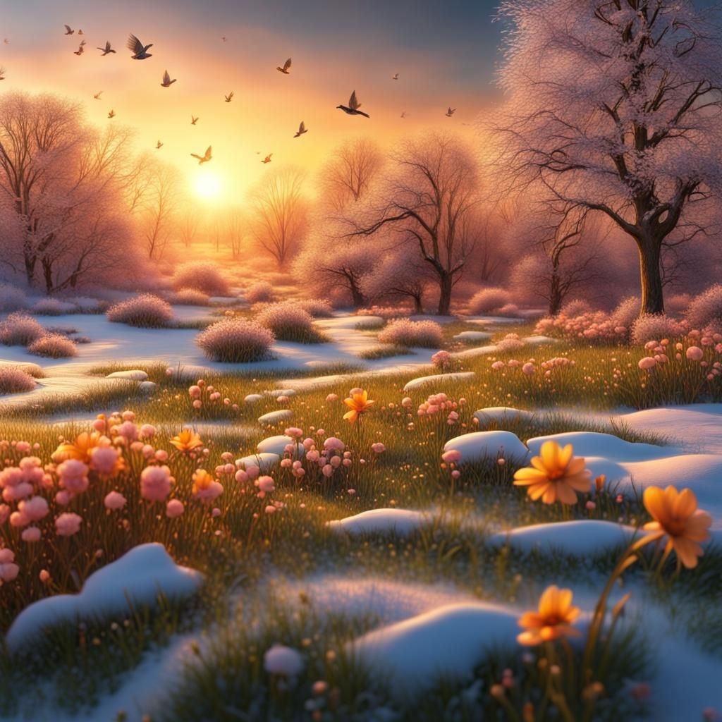 Hyperrealistic Spring Sunset Scene in 16K