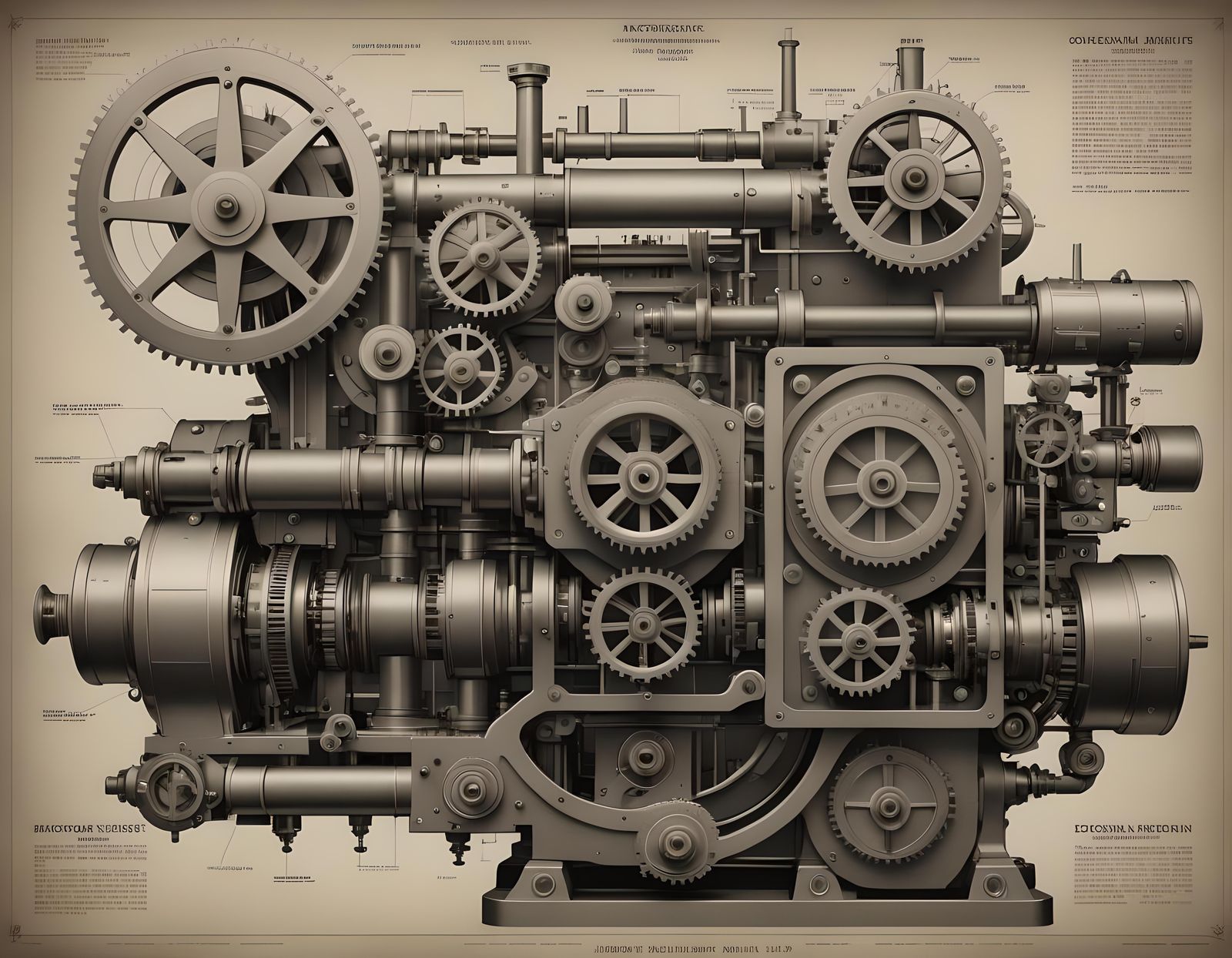 Detailed Sepia-Toned Blueprint of an Epic Machine