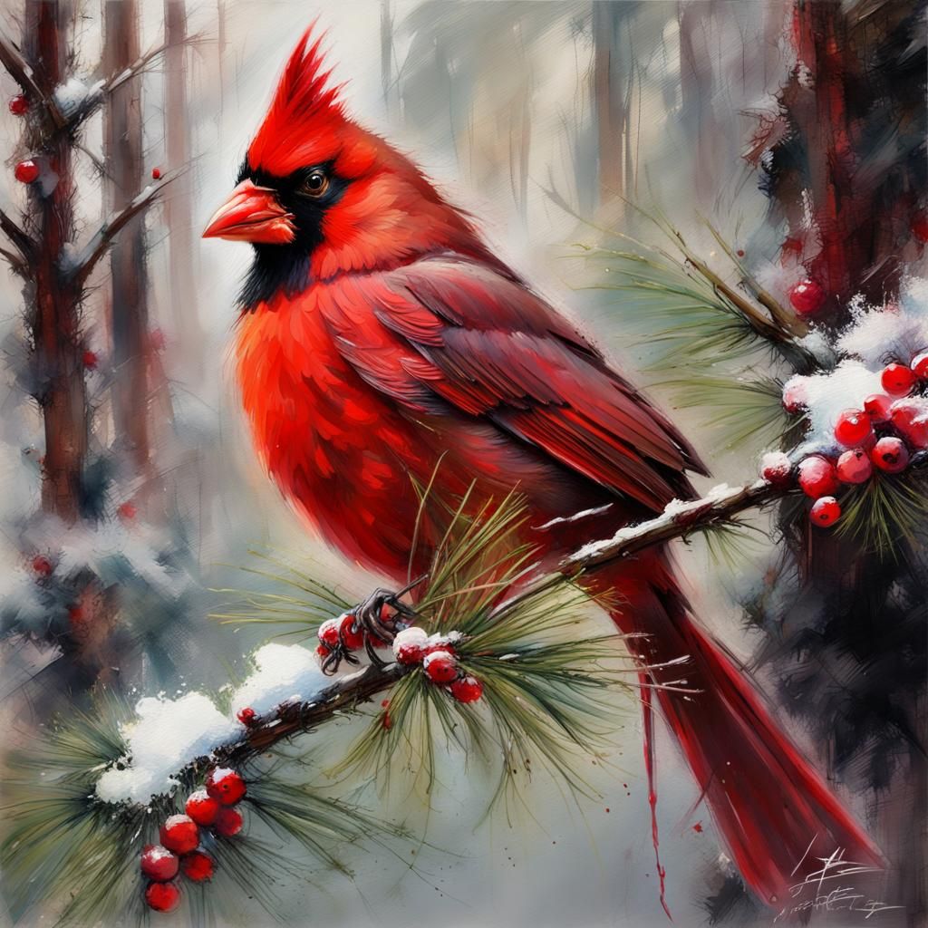 Cardinal in Winter Forest Painting