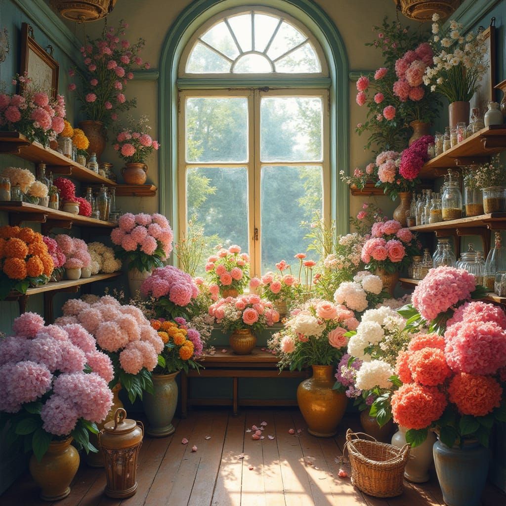 Vintage Flower Shop Elegance in Impasto Style