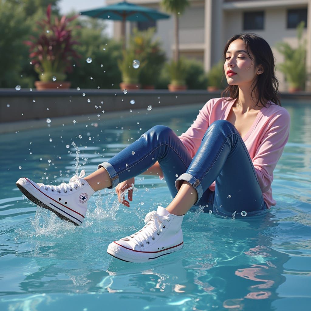 Woman Surrounded by Splashing Water in Futuristic Realism